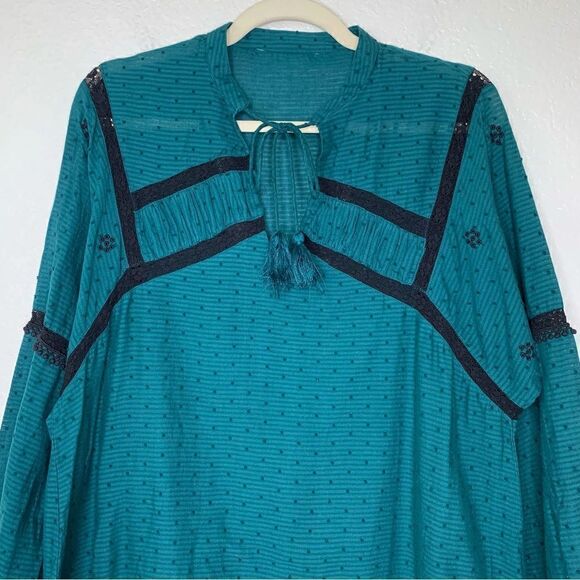 Zara Emerald Green Embroidered Eyelet Tassel Long Sleeves Peasant Top - Picture 3 of 13